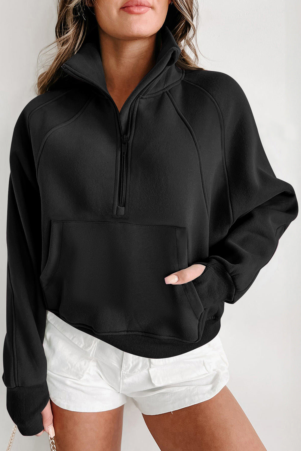 Fleece Lined Zip Up Stand Collar Thumbhole Sleeve Sweatshirt