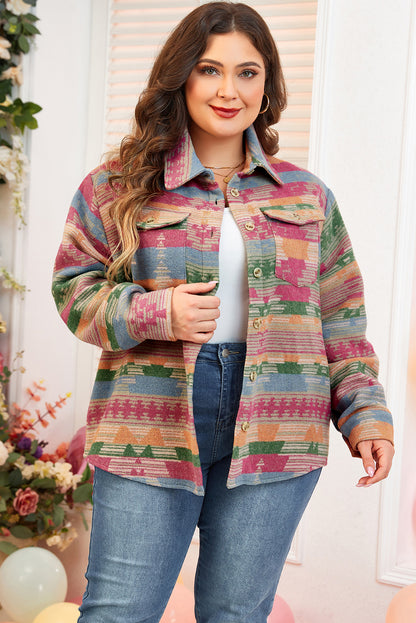 Pink Plus Size Aztec Printed Flap Pocket Shacket