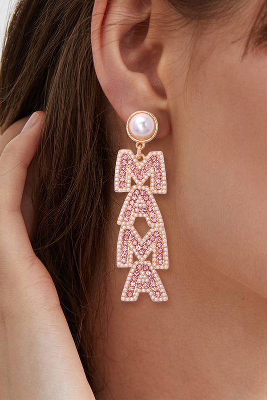 MAMA Rhinestone Pearl Dangle Stud Earrings