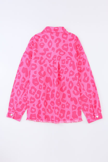 Pink Leopard Print Button Cuffs Raw Hem Jacket