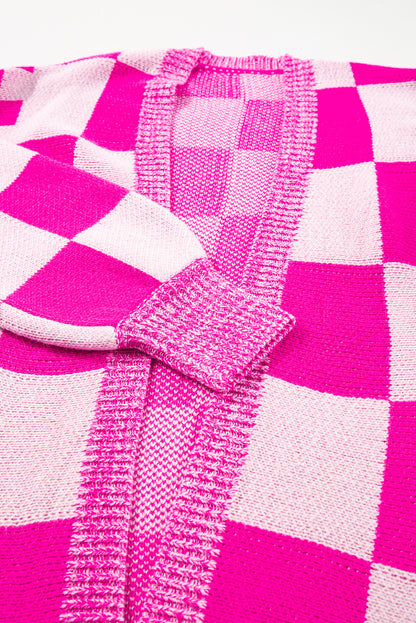 Bubblegum Pink Checkered Printed Ribbed Trim Open Front Cardigan