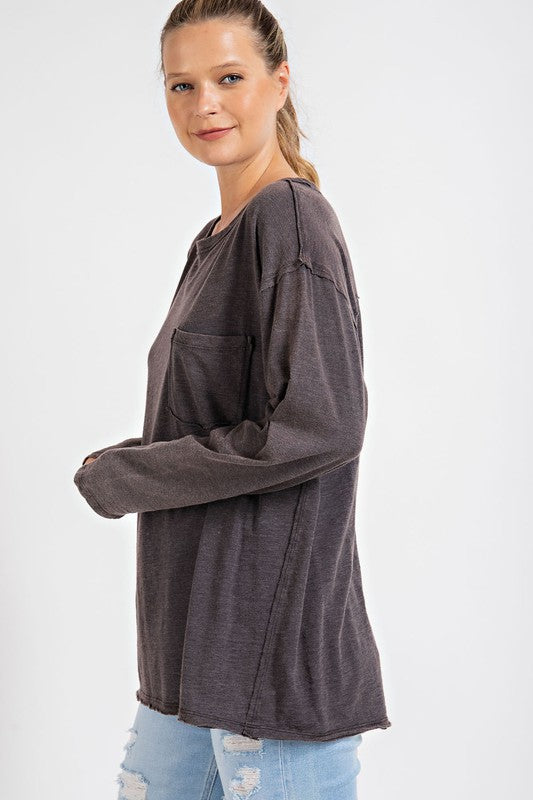 Rae Mode Mineral Washed Round Neckline Long Sleeves Top