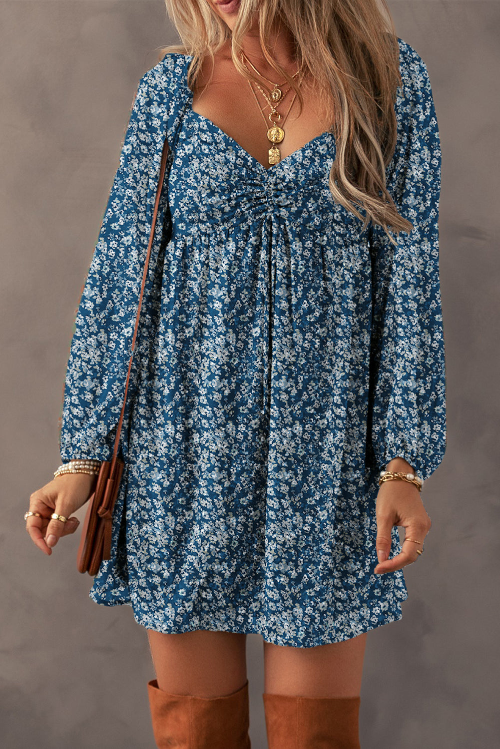 Floral Print Sweetheart Neck Shirred Back Mini Dress