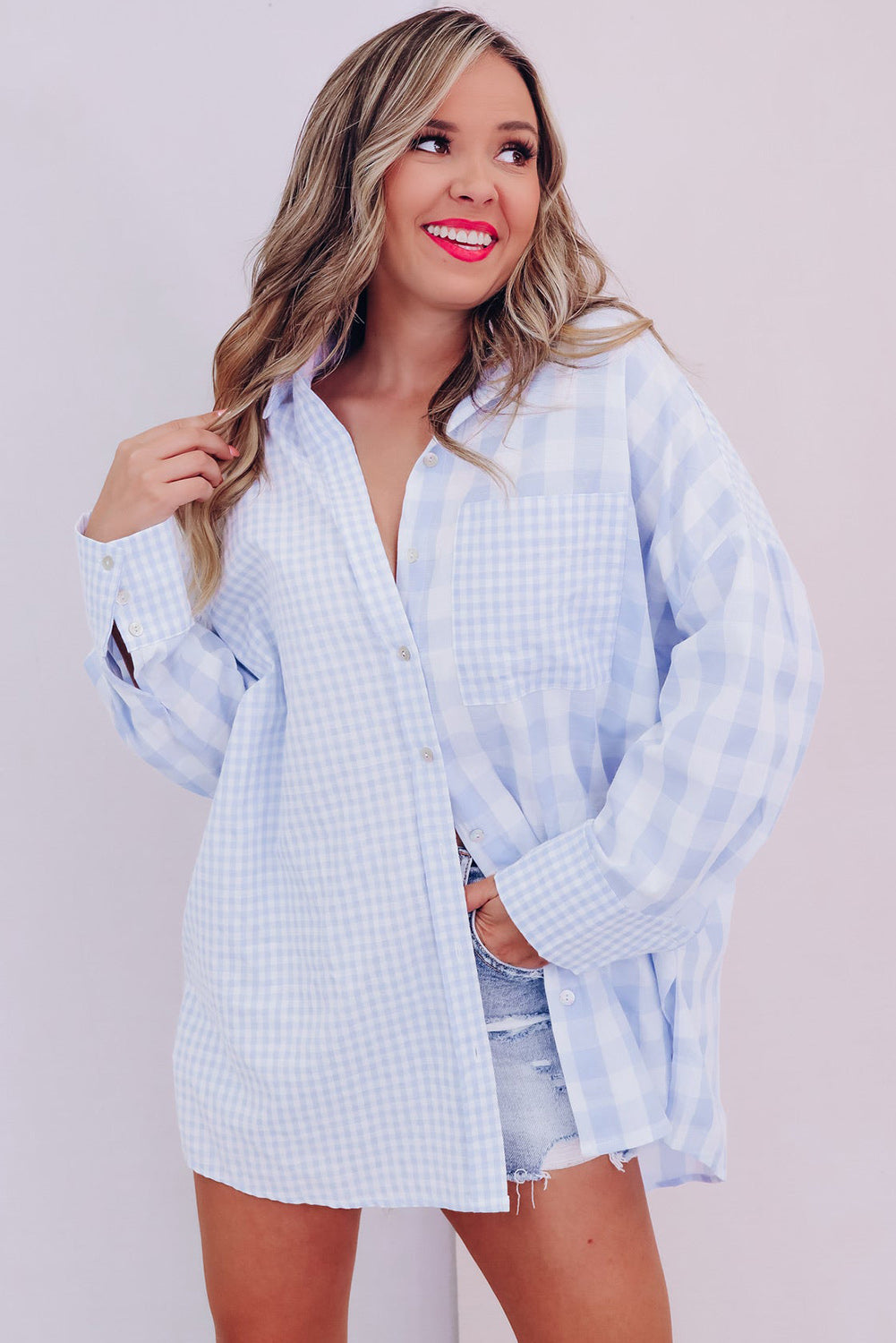 Sky Blue Mix Checked Patchwork Long Sleeve Shirt