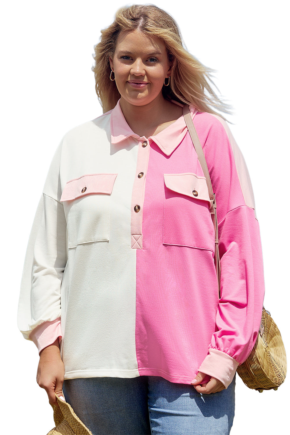 Bonbon Color Block Chest Pockets Half Button Plus Size Sweatshirt