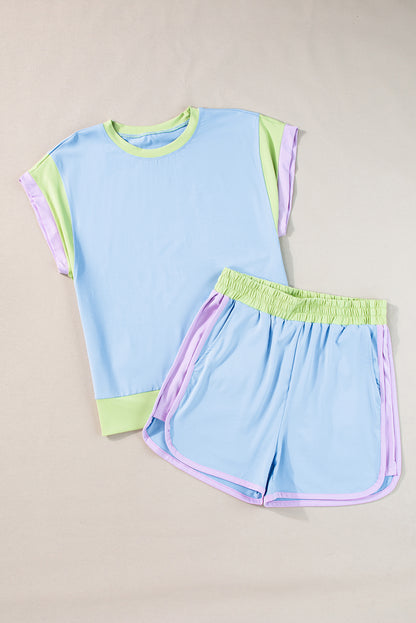 Contrast Trim Cap Sleeve Tee Shorts Set