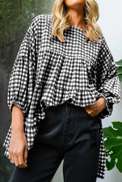 Checkered Puff Sleeve Tiered Loose Babydoll Blouse