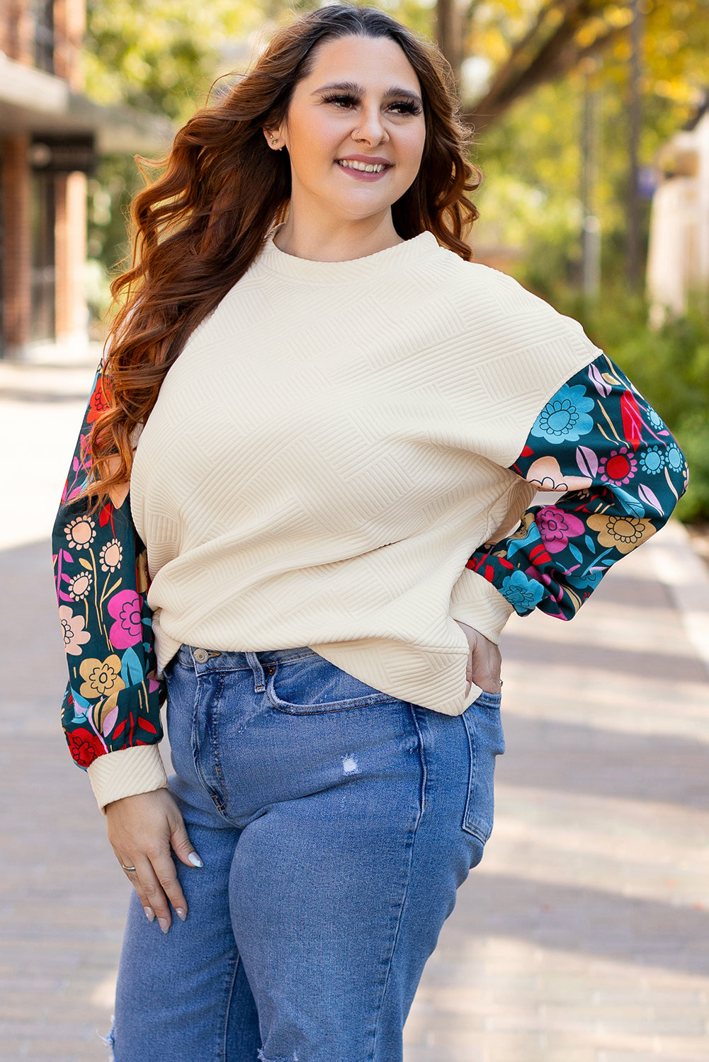 White Floral Patchwork Sleeve Textured Plus Size Pullover Top