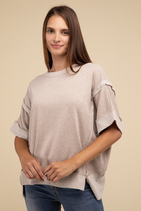 Zenana Contrast Trim Top Stitching Drop Shoulder Top