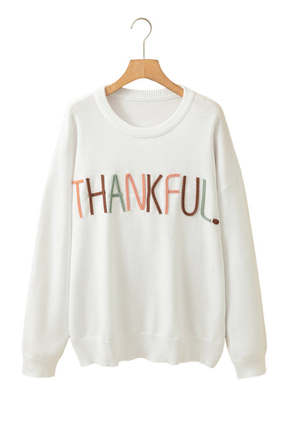 White Plus Size Thankful Ivory Embroidered Sweater