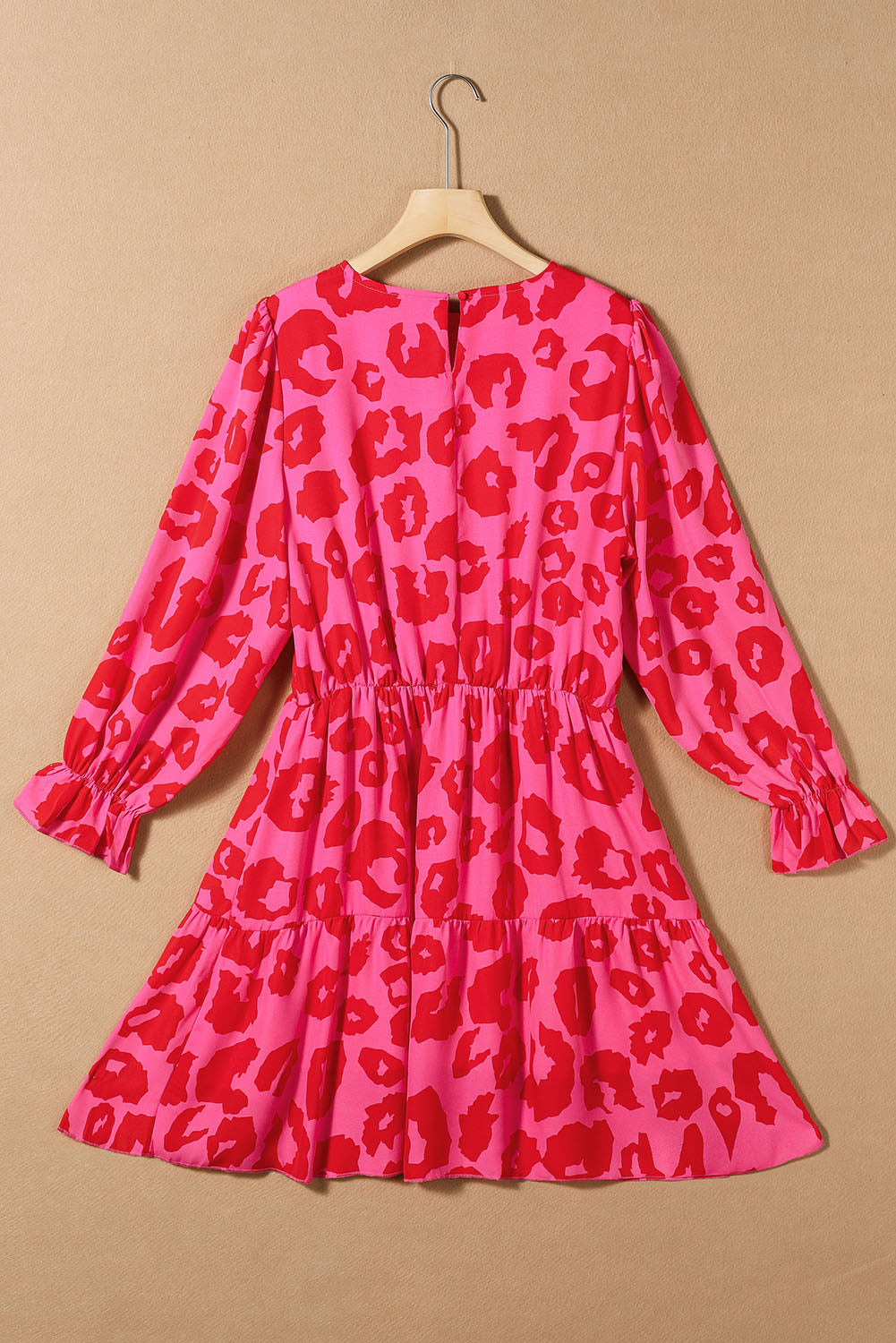 Rose Leopard Print Flounce Sleeve Ruffle Mini Dress