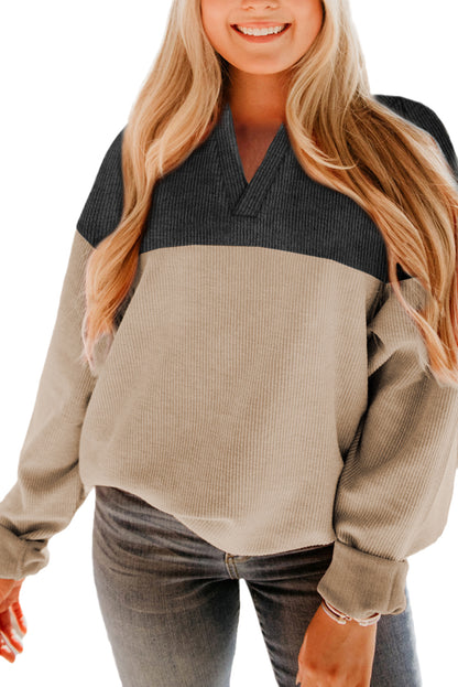 Notched Neck Colorblock Corded Sweatshirt