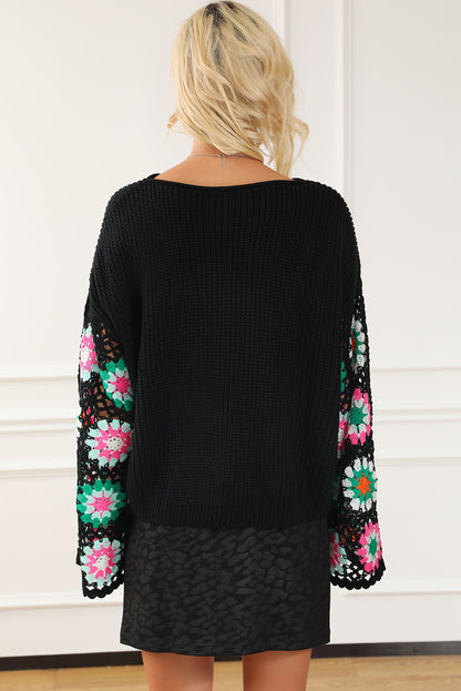 Floral Crochet Bell Sleeve Loose Sweater