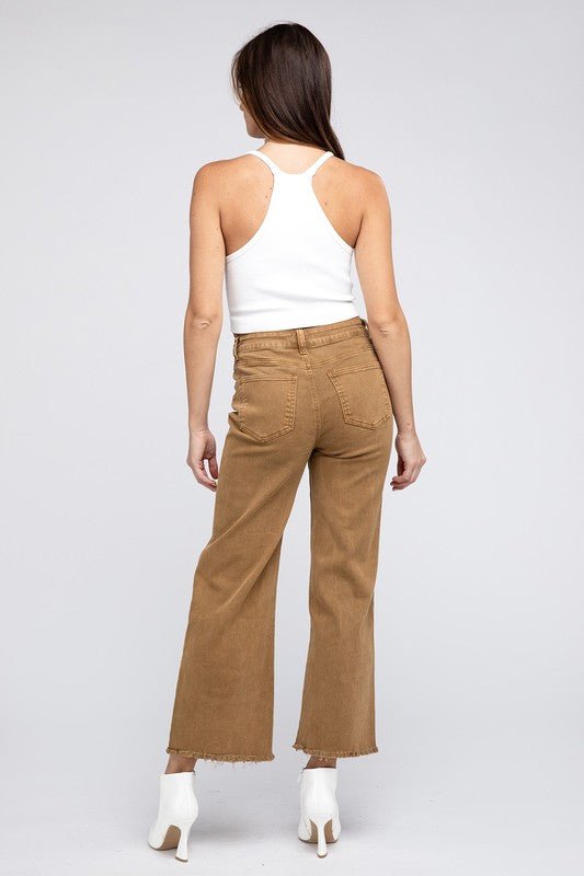 Zenana Acid Wash Frayed Cutoff Hem Straight Wide Pants