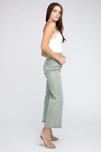 Zenana Acid Wash Frayed Cutoff Hem Straight Wide Pants