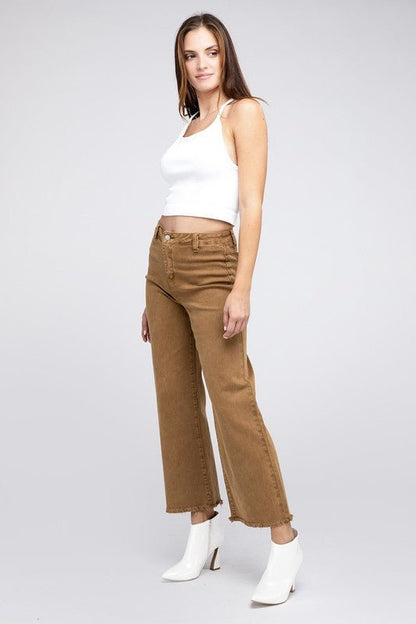 Zenana Acid Wash Frayed Cutoff Hem Straight Wide Pants