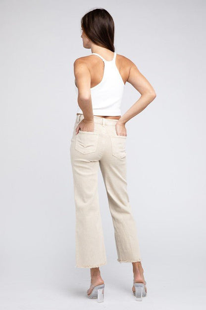 Zenana Acid Wash Frayed Cutoff Hem Straight Wide Pants