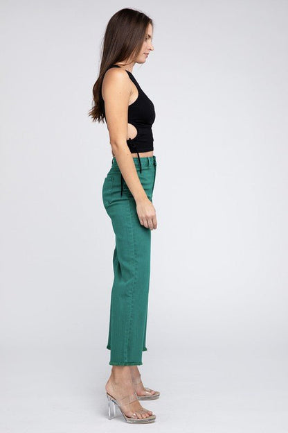 Zenana Acid Wash Frayed Cutoff Hem Straight Wide Pants