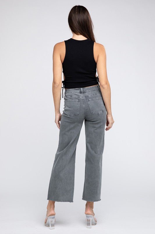 Zenana Acid Wash Frayed Cutoff Hem Straight Wide Pants