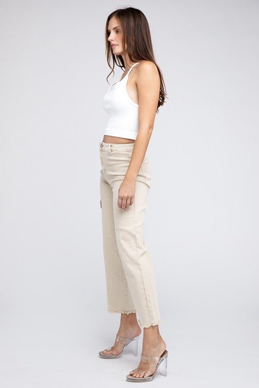 Zenana Acid Wash Frayed Cutoff Hem Straight Wide Pants