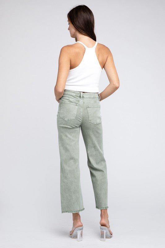 Zenana Acid Wash Frayed Cutoff Hem Straight Wide Pants