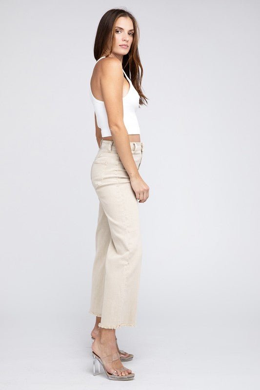 Zenana Acid Wash Frayed Cutoff Hem Straight Wide Pants