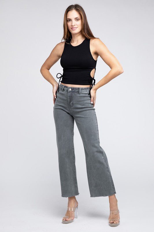 Zenana Acid Wash Frayed Cutoff Hem Straight Wide Pants