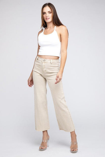 Zenana Acid Wash Frayed Cutoff Hem Straight Wide Pants