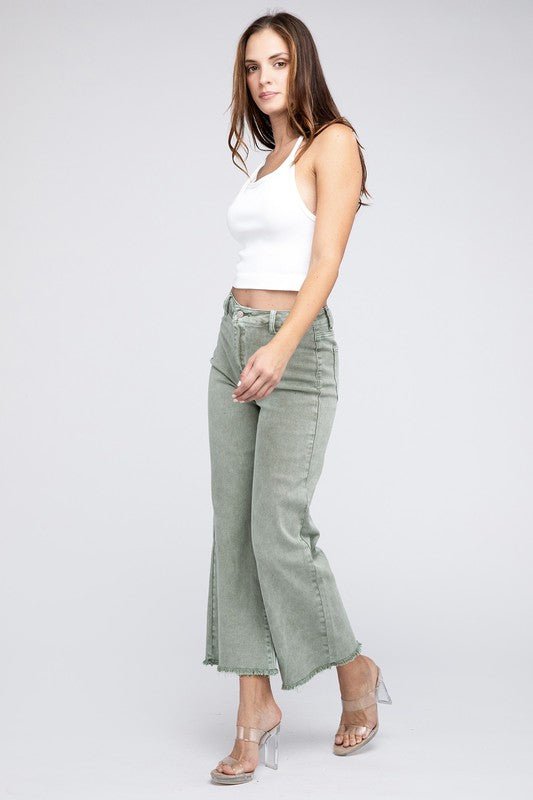 Zenana Acid Wash Frayed Cutoff Hem Straight Wide Pants