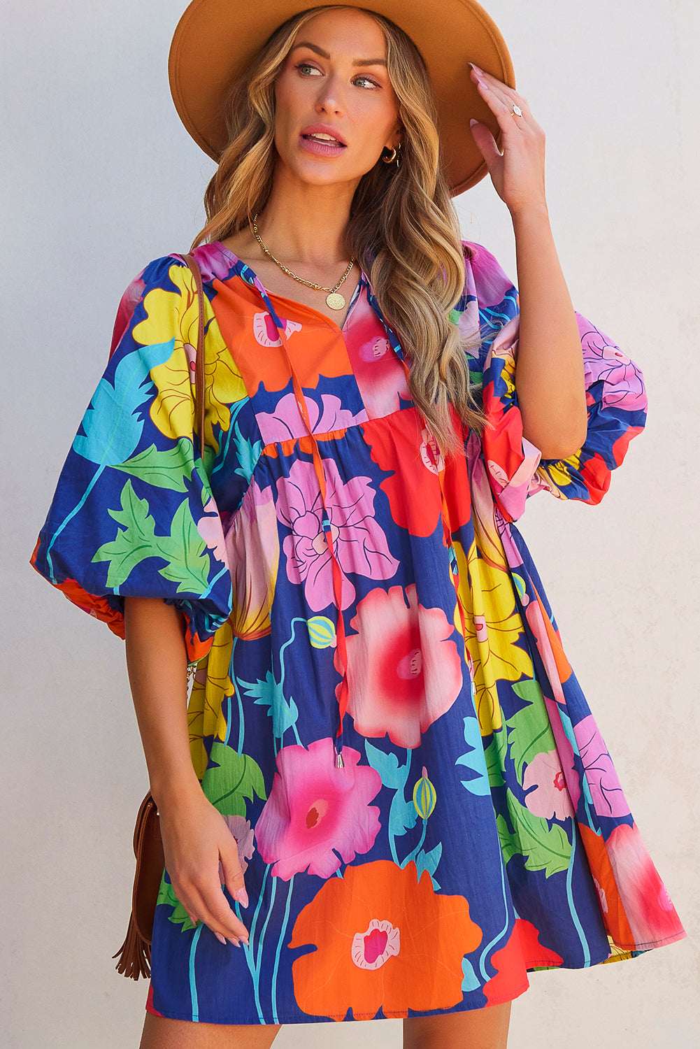 Floral Print Split Neck Babydoll Dress