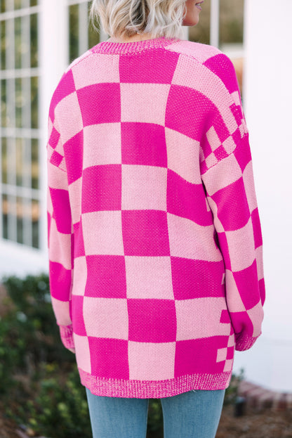 Bubblegum Pink Checkered Printed Ribbed Trim Open Front Cardigan