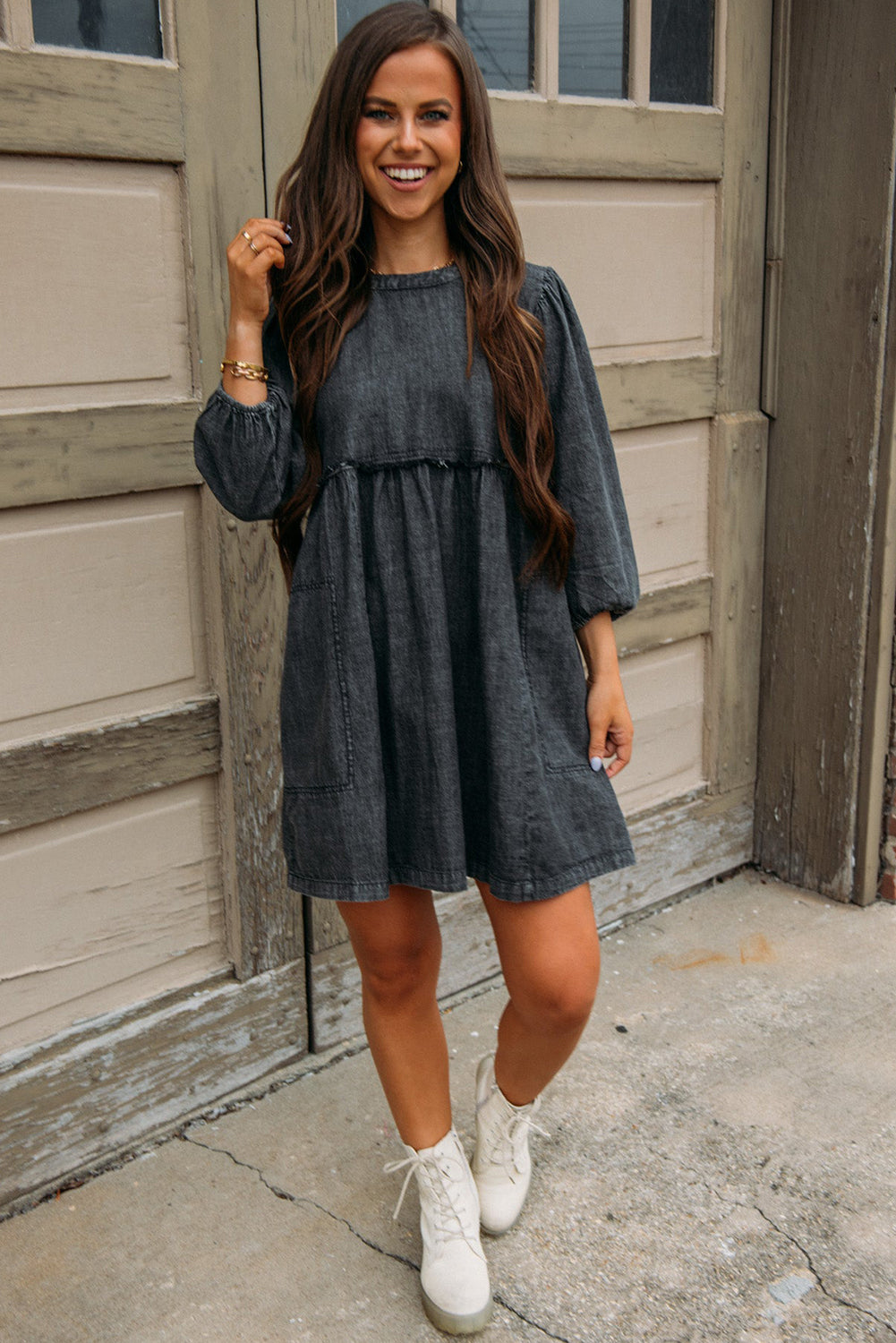 Balloon Sleeve High Waist Denim Dress