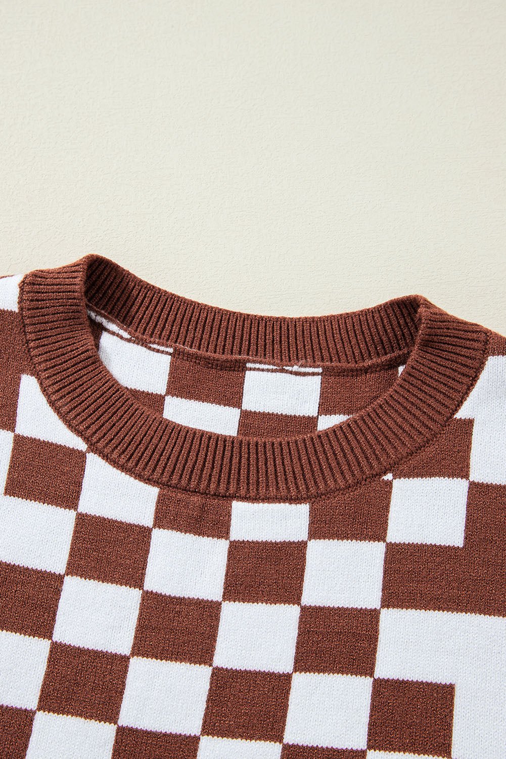 Allie: Checkered Print Drop Shoulder Round Neck Sweater