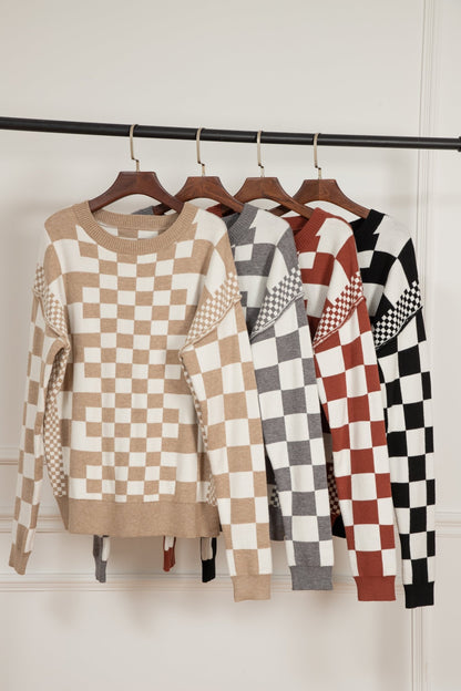 Allie: Checkered Print Drop Shoulder Round Neck Sweater