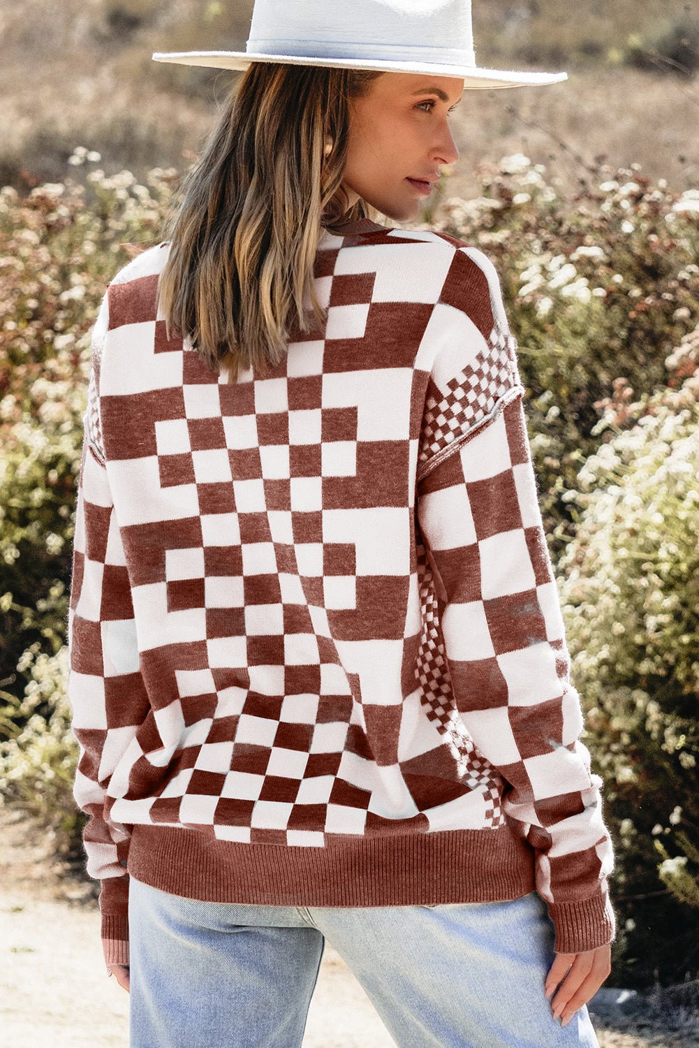 Allie: Checkered Print Drop Shoulder Round Neck Sweater