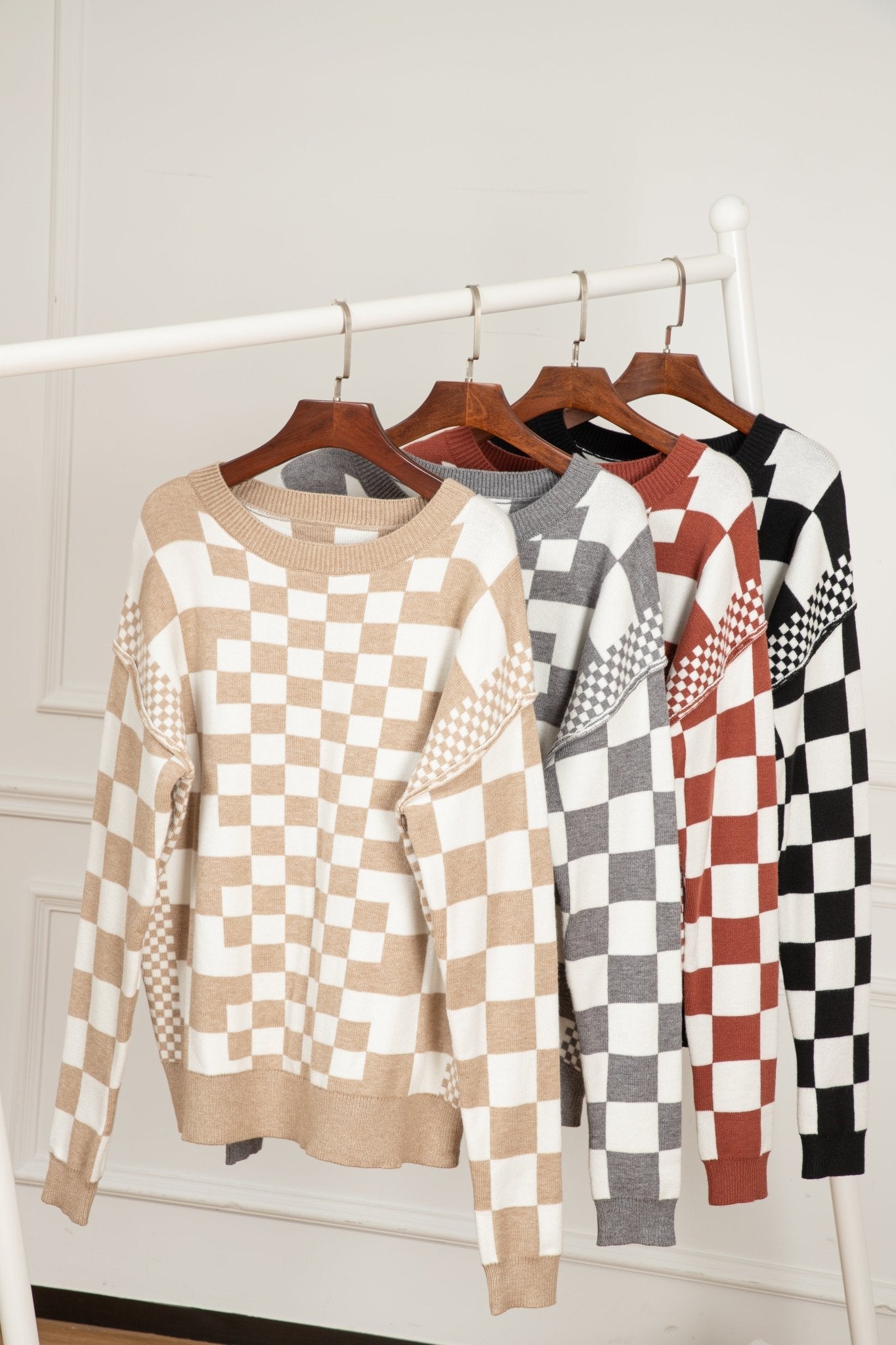 Allie: Checkered Print Drop Shoulder Round Neck Sweater