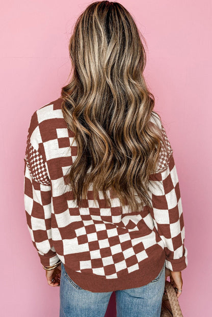 Allie: Checkered Print Drop Shoulder Round Neck Sweater