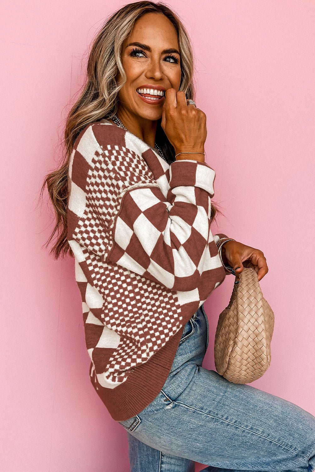 Allie: Checkered Print Drop Shoulder Round Neck Sweater