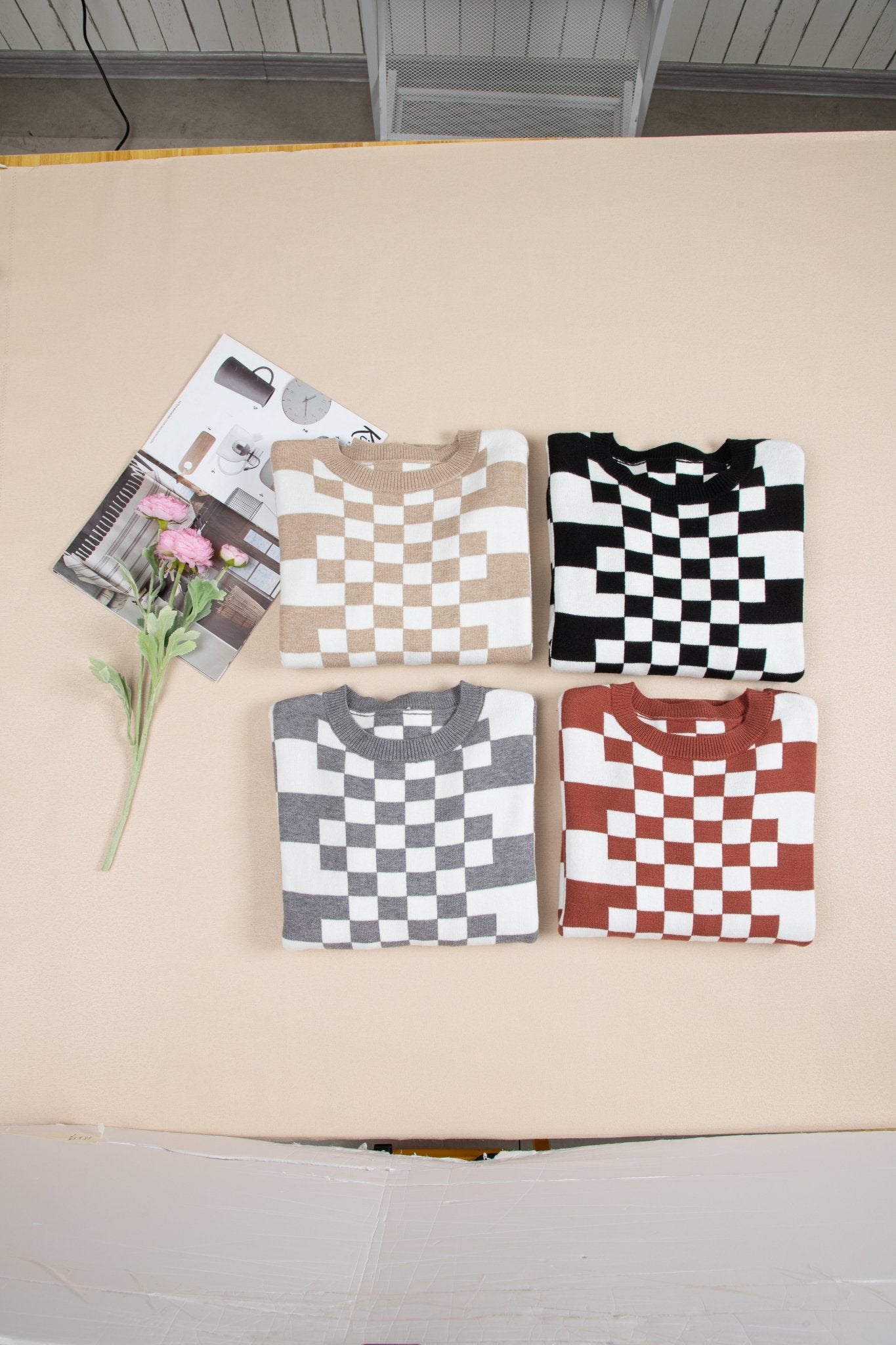 Allie: Checkered Print Drop Shoulder Round Neck Sweater