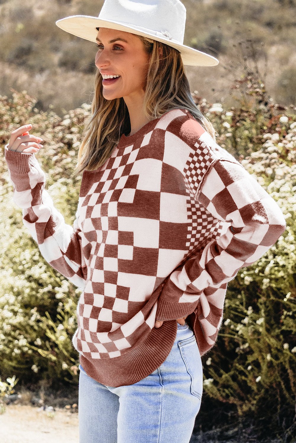 Allie: Checkered Print Drop Shoulder Round Neck Sweater