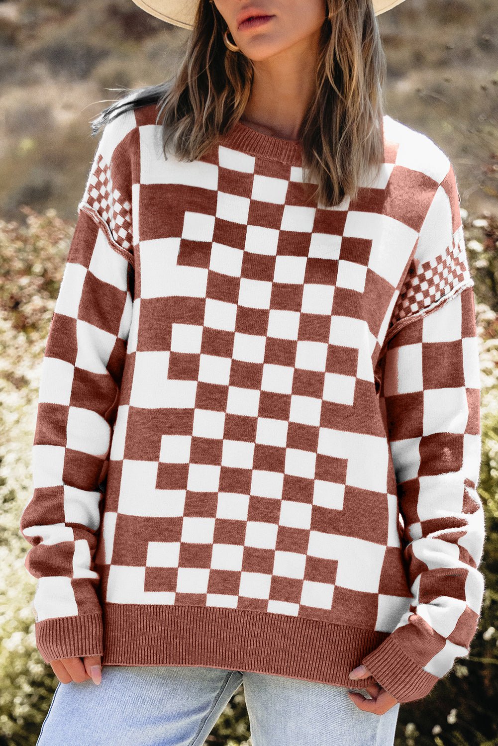 Allie: Checkered Print Drop Shoulder Round Neck Sweater