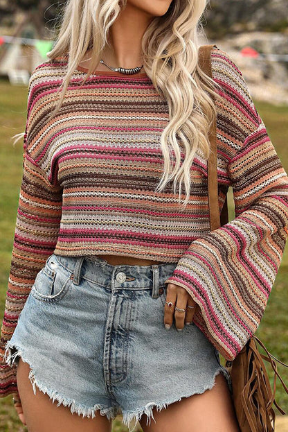 Pink Striped Wide Cropped Long Sleeve Top