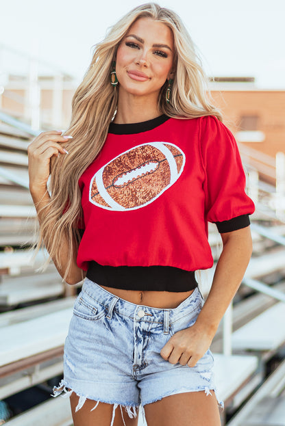 Red Sequin Color Block Puff Short Sleeve Sweater