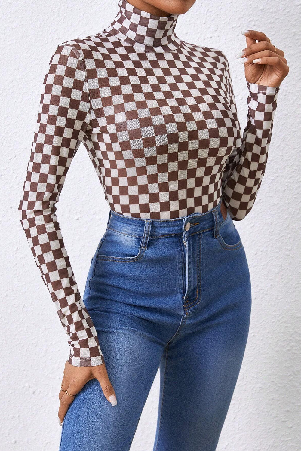 Checkered Printed Long Sleeve High Neck Bodysuit