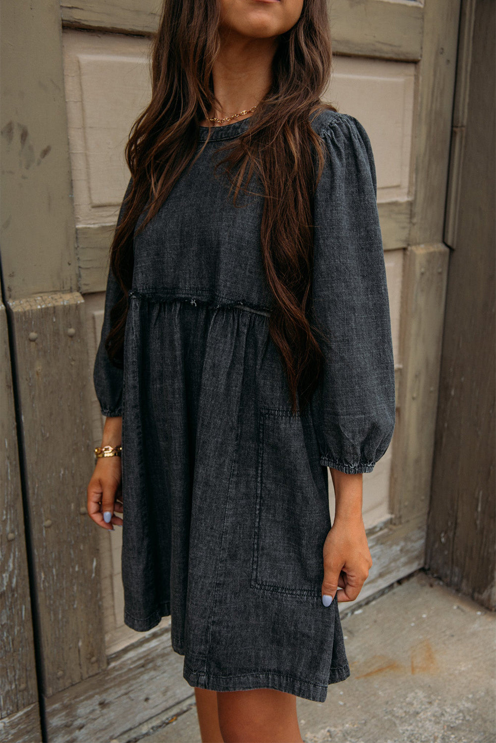 Balloon Sleeve High Waist Denim Dress