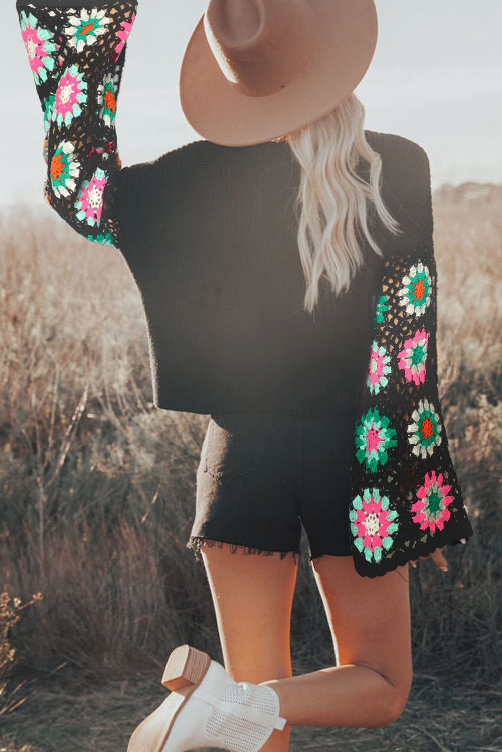 Floral Crochet Bell Sleeve Loose Sweater