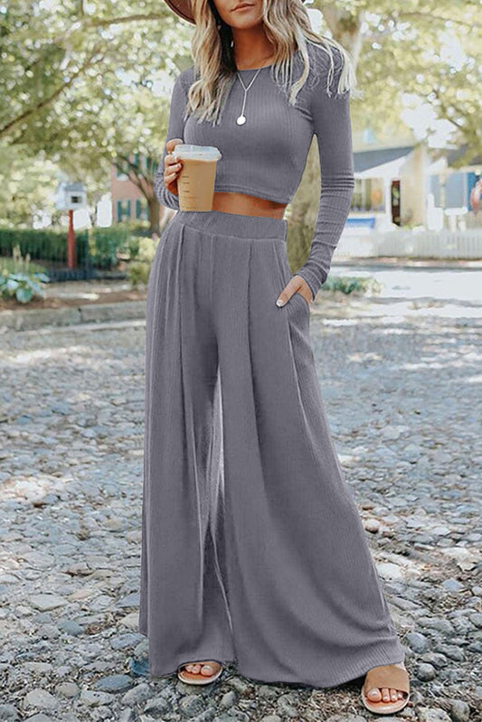 Ribbed Crop Top Long Pants Set