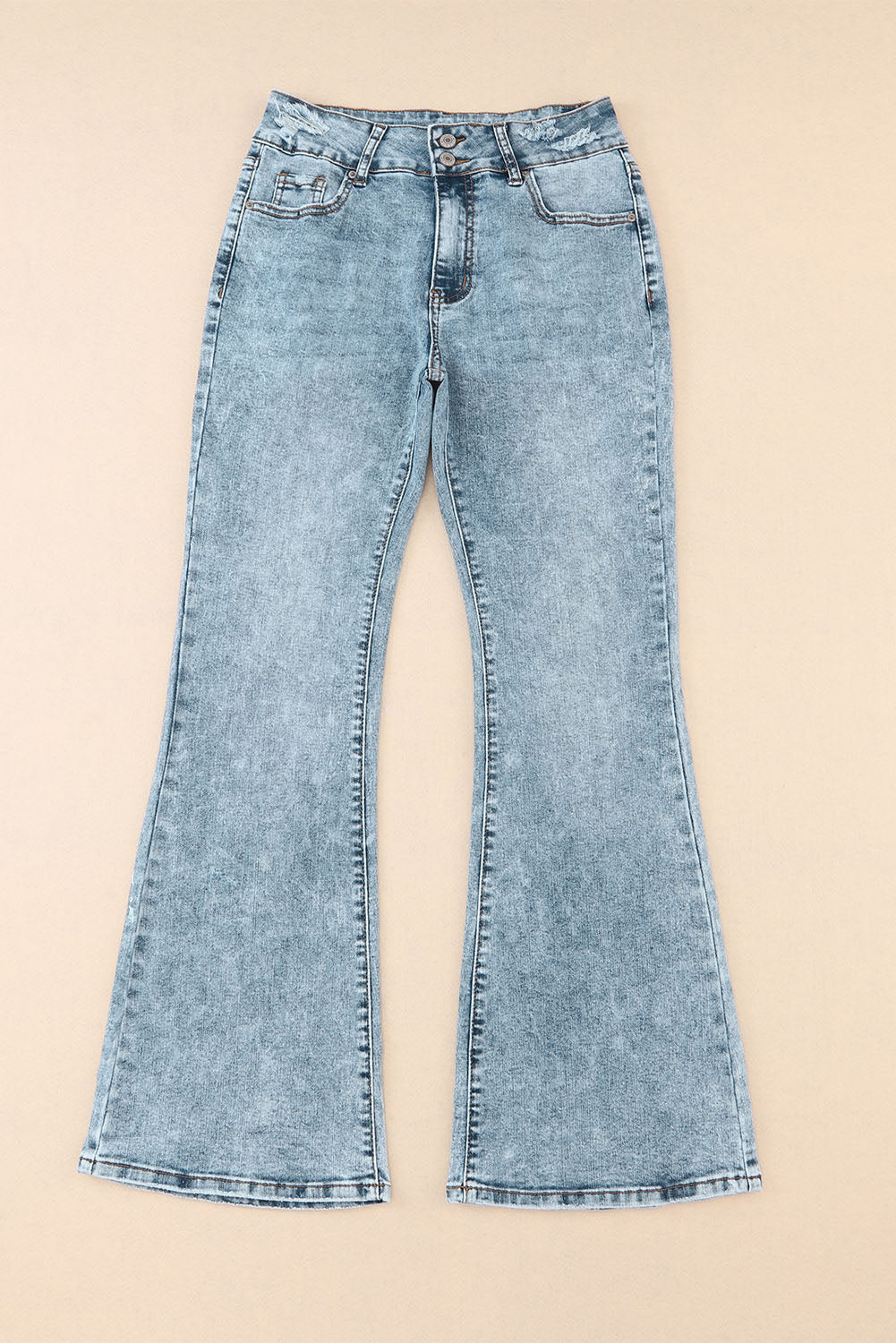 Sky Blue Subtle Ripped Detail Flare Bottom Jeans