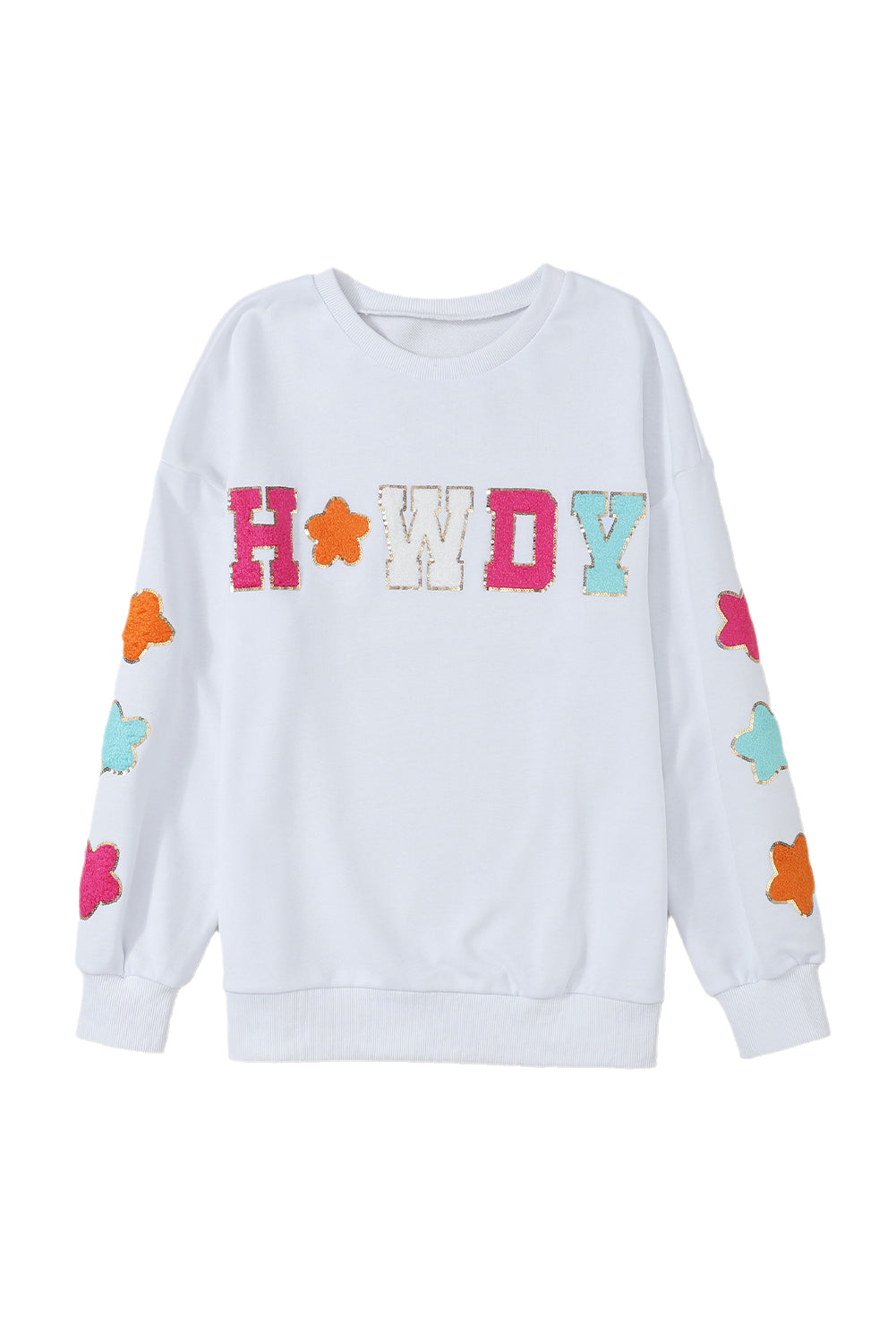 White Howdy Glitter Chenille Patch Graphic Casual Sweatshirt