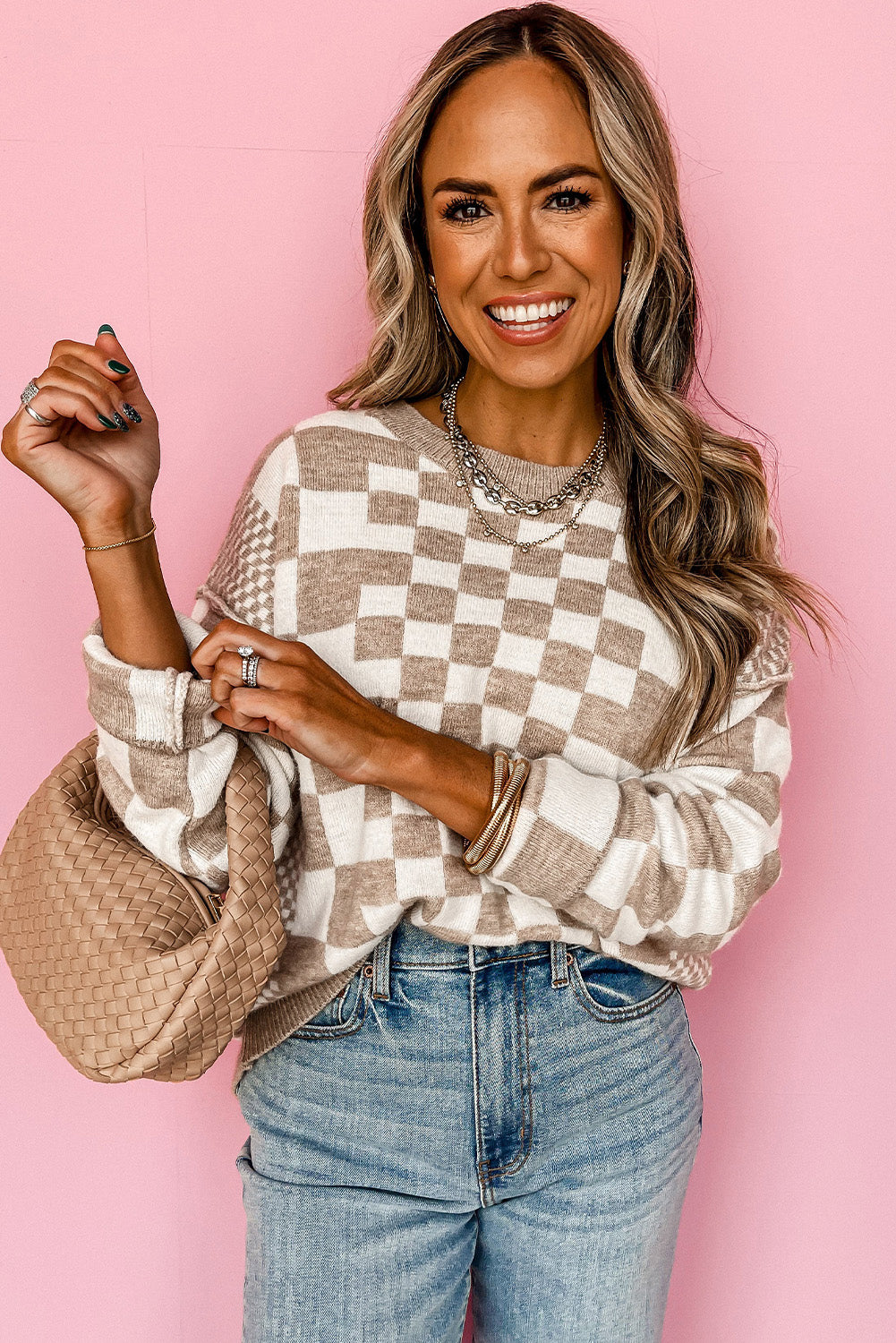 Checkered Print Drop Shoulder Round Neck Sweater